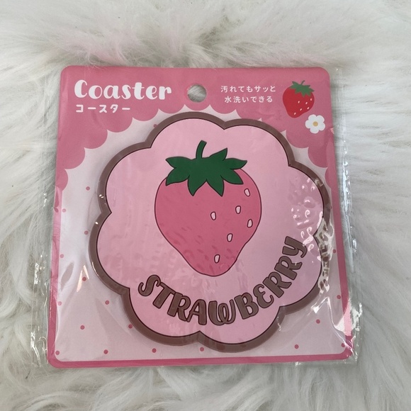 Strawberry Design Coaster. Pink/Green/Brown. - Picture 1 of 3